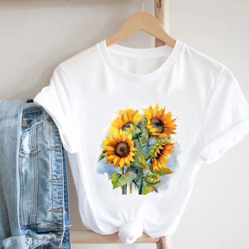 (Asian Size) Women Print Flower Floral Lovely 90s Trend Cute Tee Top Clothing Fashion Tshirt Lady Female Casual Short Sleeve Graphic T-shirt