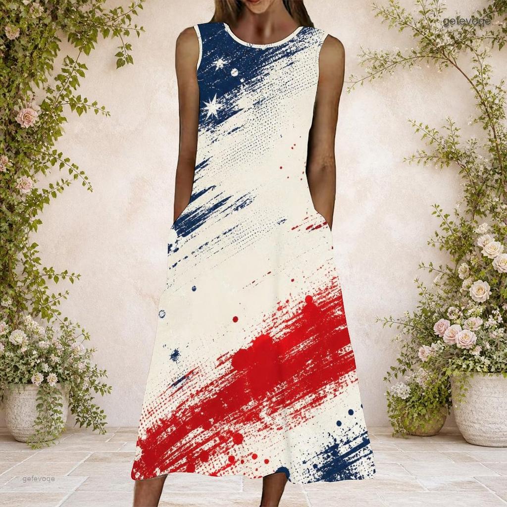 Women Plus Size Round Neck Sleeveless American Eagle Printed A Line Long Dress With Pockets
