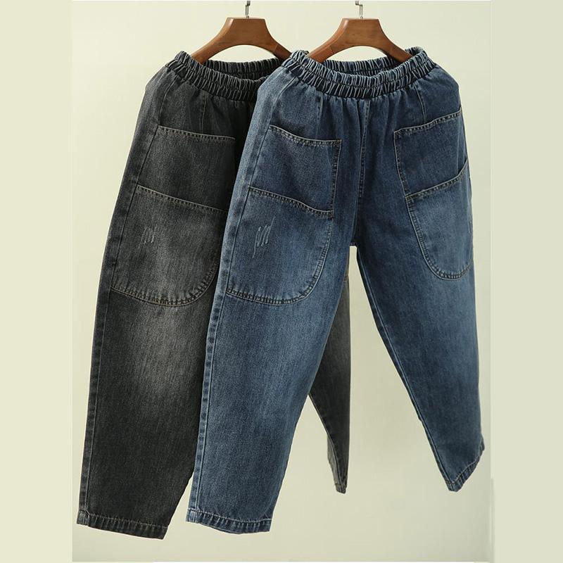 Ретро рваные брюки-шаровары с эластичной резинкой на талии, женские джинсы, свободные широкие брюки, прямые джинсовые брюки с большими карманами
