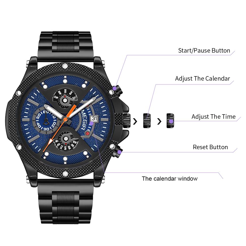 Megir Деловые кварцевые наручные часы с хронографом для мужчин с ремешком из нержавеющей стали и запасным силиконовым ремешком со светящимися стрелками с автоматической датой