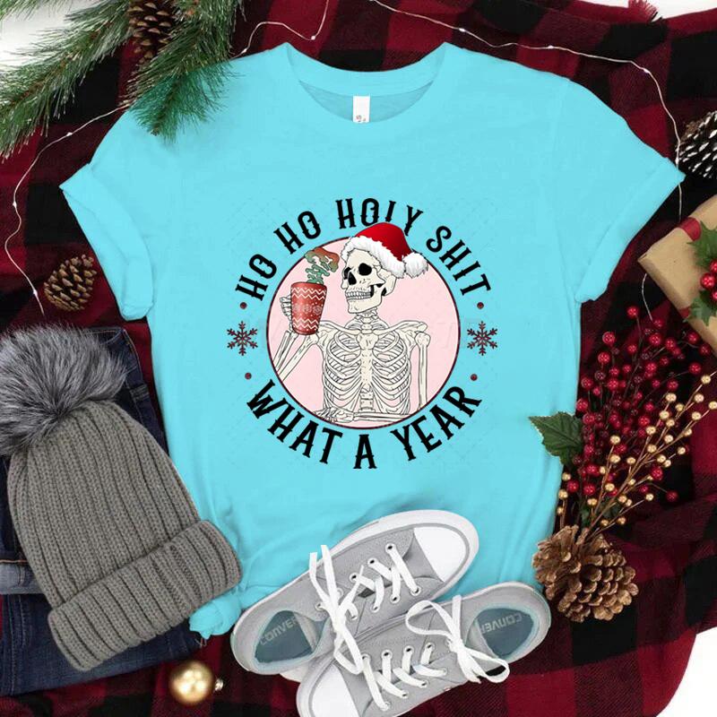 Ho Ho Ho Christmas Short Sleeve Tshirt for Women Christmas Santa Hat Skull Street Style Clothes Women Trendy New Year Tshirt
