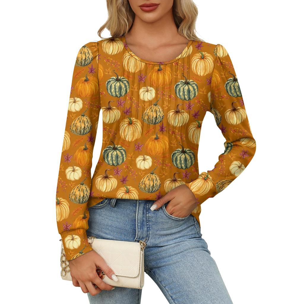 Long Sleeve Shirts For Women Cute Print Graphic Tees Blouses Dressy Casual Blouses Pleated Scooped Neck Tunic Tops Halloween