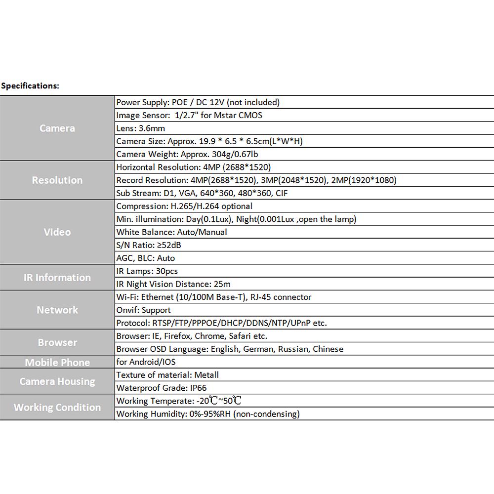 4MP ( 1080P / 1440P / 1520P ) Camera HD Bullet POE IP Camera Cam 1/2.7 Wiht IR Night Vision Motion Detection, Waterproof Functions