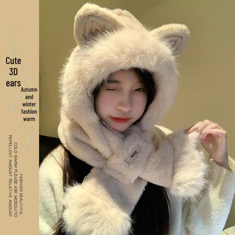 Women's Cozy Fox Ear Plush Hat with Integrated Scarf - Warm, Soft Lei Feng Design for Autumn and Winter. Perfect Ear Protection for Students.