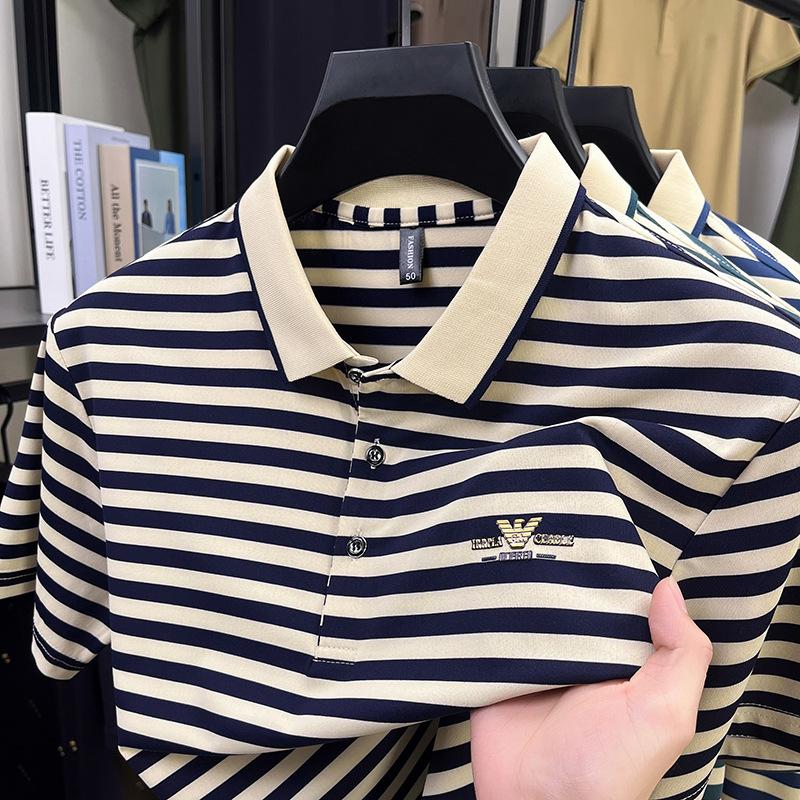 Мужская дышащая рубашка поло из шелка Mulberry, полосатая футболка в отцовском стиле, свободный топ с лацканами