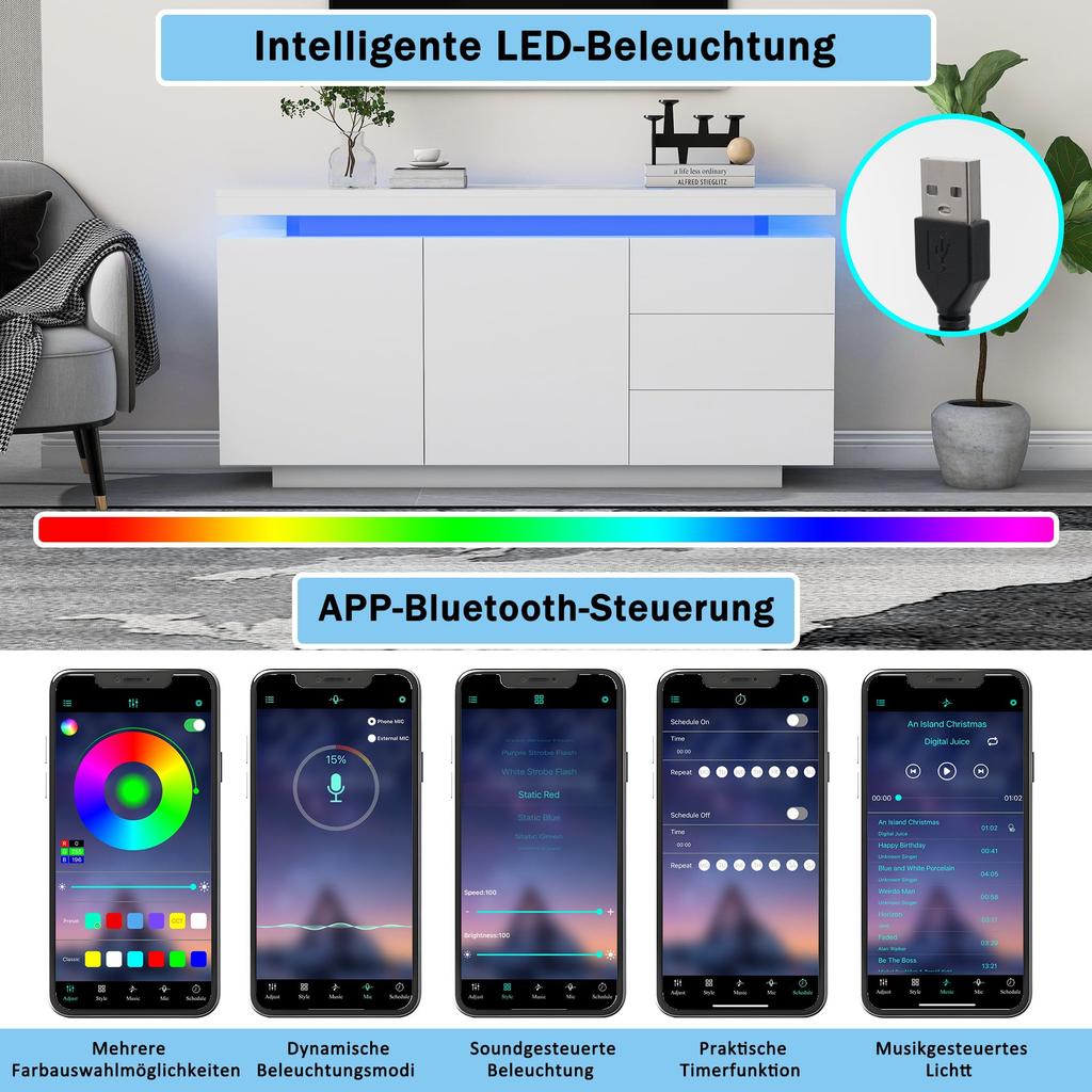 Sideboard High Gloss Chest of Drawers Buffet Cabinet 2 Doors & 3 Drawers, Floor Cabinet Highboard, Handleless Design, Adjustable Shelves, White