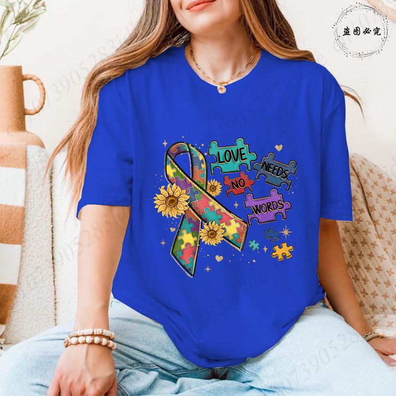 Autism Awareness Women Top Love Needs No Words Puzzle Graphic Tshirts O Neck Short Sleeve Summer Oversized FeUnisex Clothes