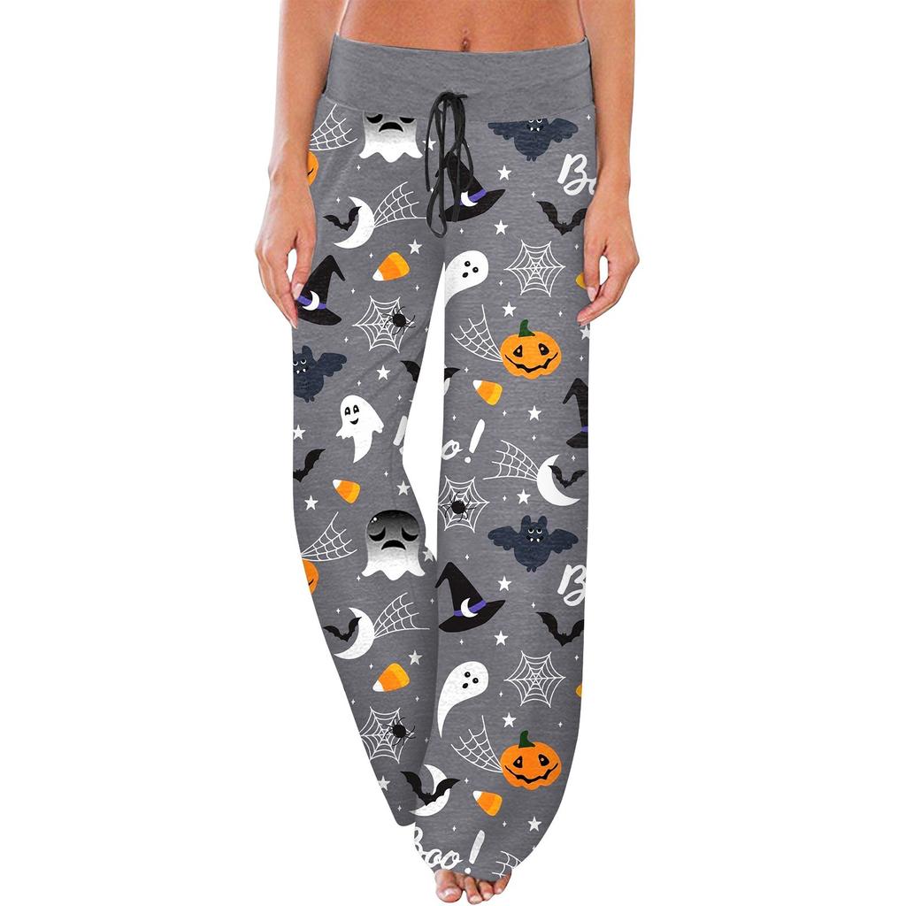 Women's Comfy Pajama Pants Pocket Halloween Print Drawstring Wide Leg Pants
