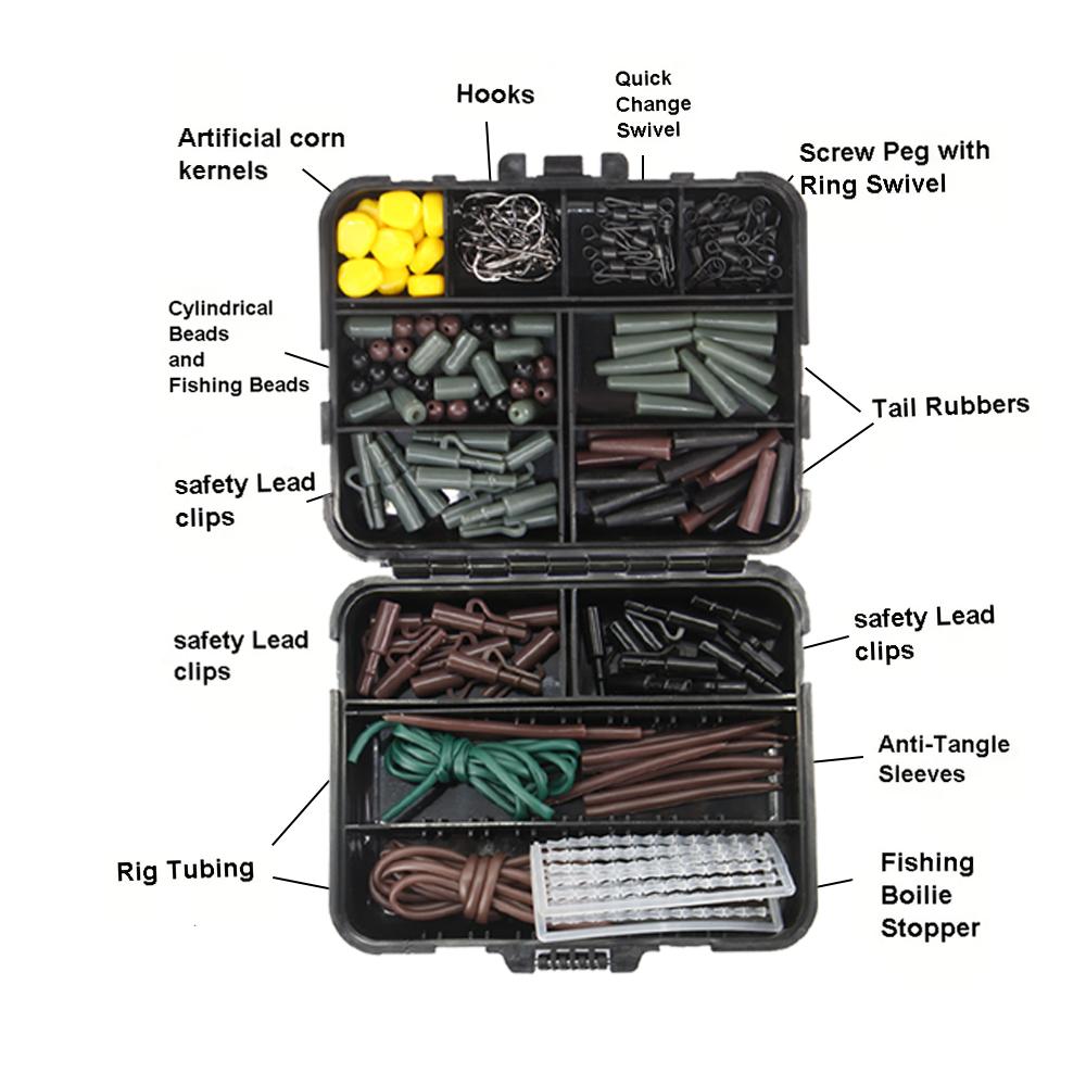 272Pcs Carp Fishing Terminal Tackle Kit Beads Snap Swivel Anti Tangle Sleeves Connector Tip Tube Positioner Carp Hooks With Box