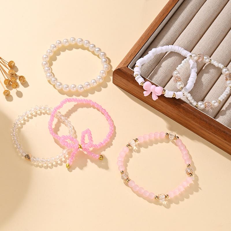 Sweet Pink Heart Bow Pearl Bracelet Set for Women