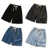Мужские джинсовые шорты с эластичной талией и шнурком, прямые, широкие, летние шорты, однотонные