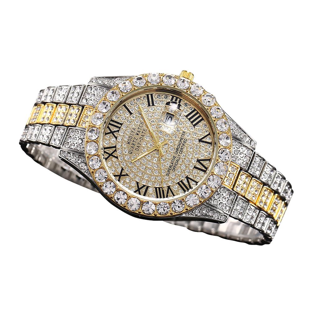 Часы с календарем из водного бриллианта и бриллиантами, римская шкала, стальной ремешок из сплава, мужские часы