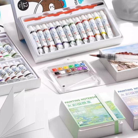 Mini Watercolor Kit Travel Watercolor Paint Set with Sketchbook Binder Clip Pen Portable Watercolor Palette with 12/24 Color Paints for Beginners