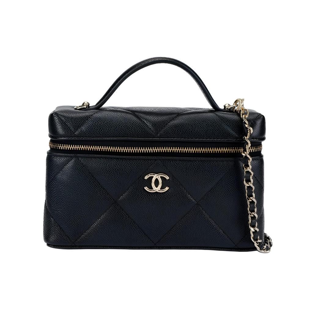 CHANEL Grain Shiny Calfskin Makeup Bag Handbag Women's Black AP4936-B22105-94305