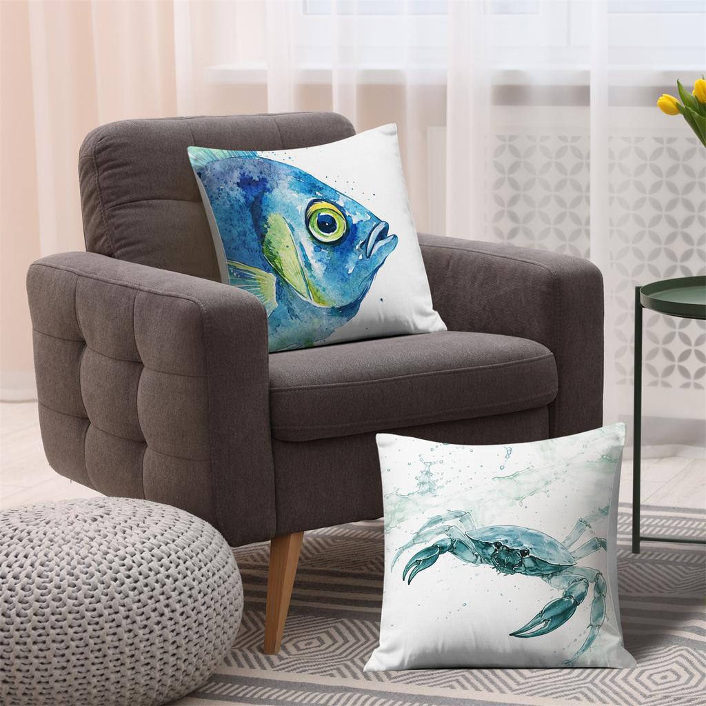 Watercolor Marine Life Pillow Covers Seahorse Sea Turtle Crab Double-Sided Printed Throw Pillow Cases Nautical Beach Home Decor