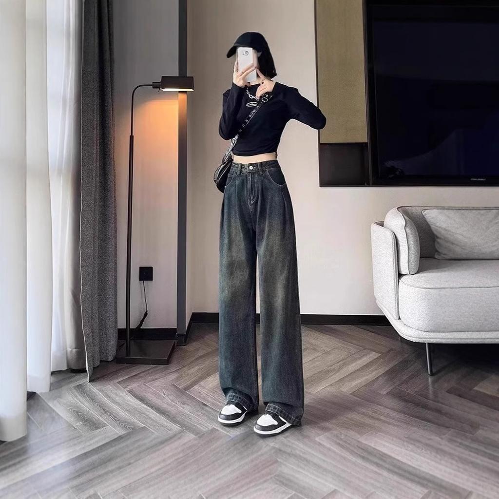 Spring wide-leg jeans women's high waist wrinkled niche retro nostalgic loose casual floor-mopping trousers