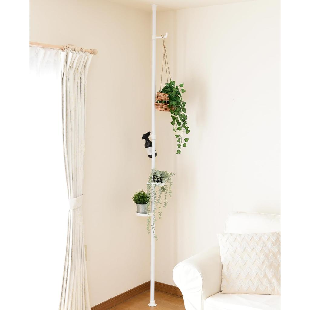 Натяжная стойка, вешалка для столбов, подставка для кашпо, модель Натяжная, ширина 30 x глубина 30 x высота см, подставка для цветов для помещений с 2 подносами и 2 крючками, сборка продукта