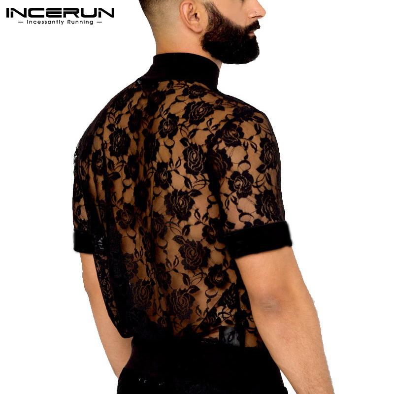 INCERUN Летние мужские сексуальные сетчатые кружевные рубашки с коротким рукавом для вечеринок и клубов, пляжные облегающие футболки