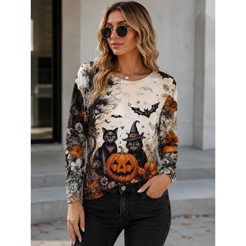 Women Halloween Witch Graphic Long Sleeve T-Shirt Crew Neck Tops New Vintage Full Moon Pumpkin Lantern Party Gift Clothing Tops