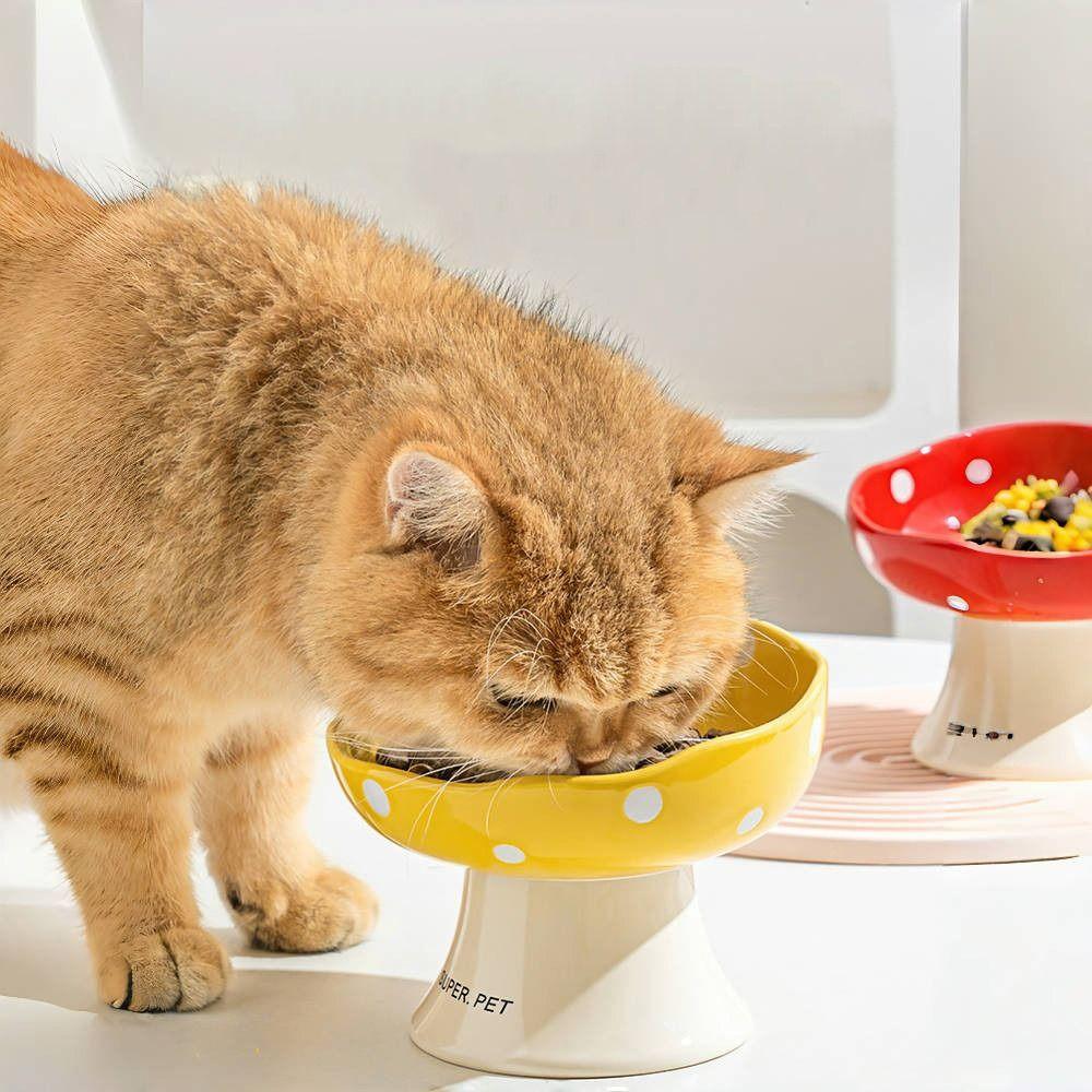 Cute Mushroom Cat Bowl Ceramic Pet Drinking Feeder Dog Food Feeding Basin Neck Protection