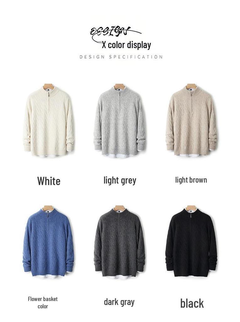 Men's 100% Pure Wool Half-High Collar Zipper Pullover: Autumn/Winter Thick Cable Knit Cashmere Sweater Base Layer