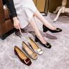 Square Head High Heels Women's Thick Heel New Patent Leather Burgundy Middle Heel Shoes Niche Square Head Single Shoes