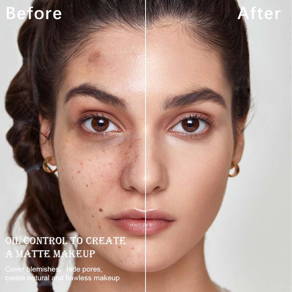 Matte Full Coverage Pressed Powder Foundation with Puff Applicator, 24H Fresh Wear Matte Weightless Finishing Powder Makeup