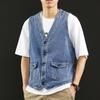 Summer New Denim Vest Men Japanese Casual Loose Washed Old Sleeveless Coat Fashion Solid Color Collarless Denim Jacket