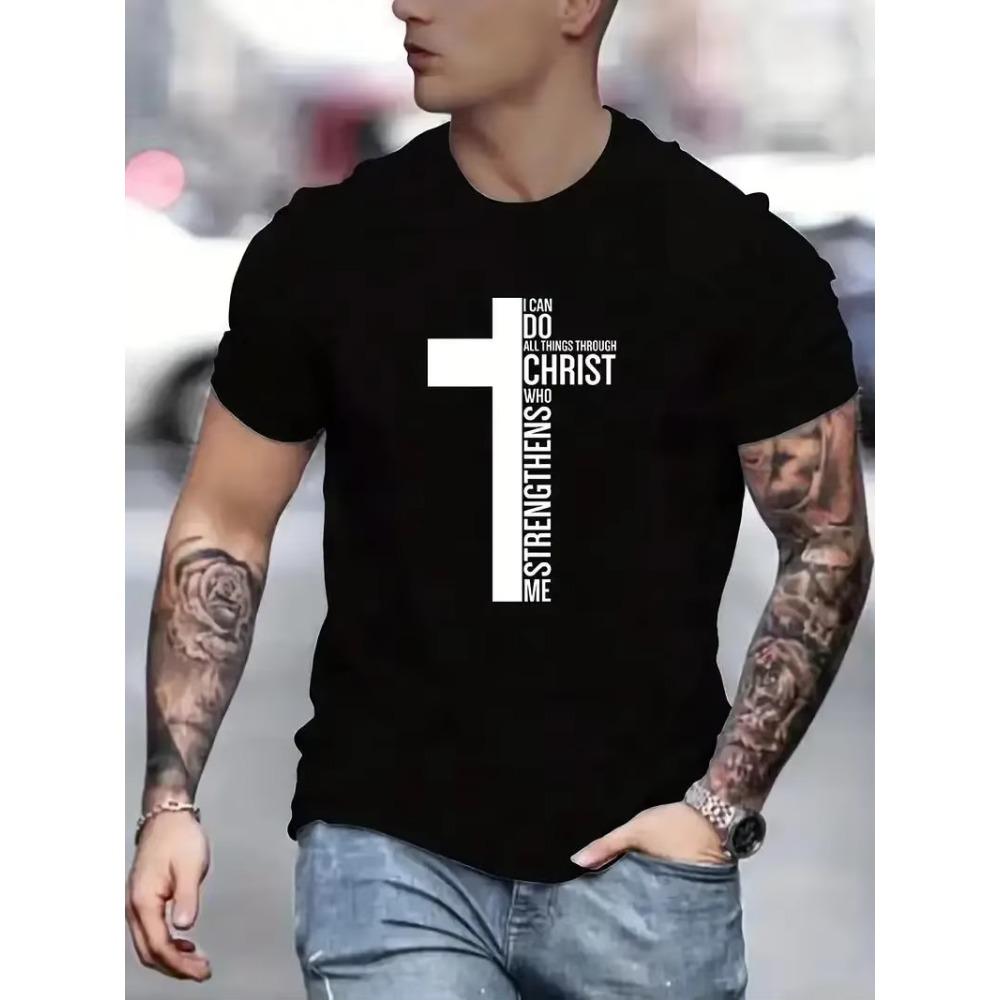 Fashion Cross Print Men's Creative Top Casual Micro Elastic Short Sleeve Crew Neck T-Shirt Outdoor Sports Men's Cotton T-Shirt