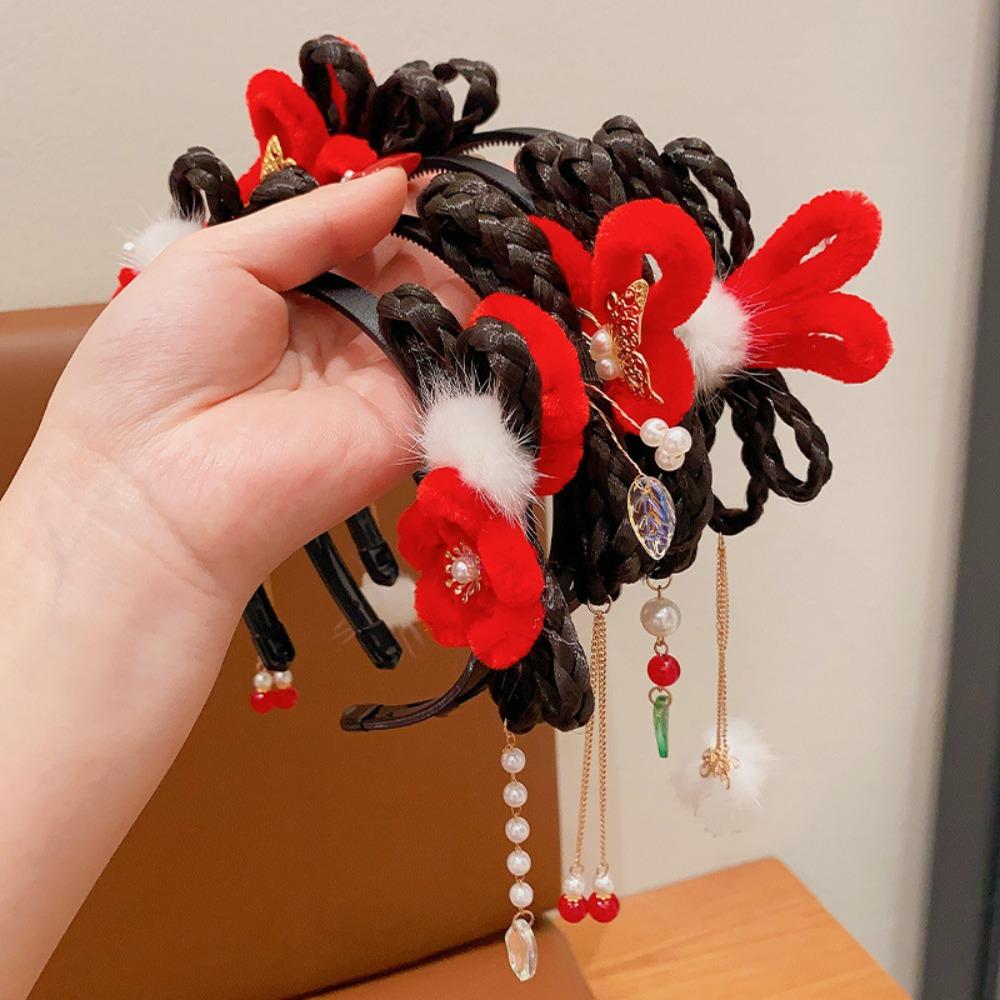 Детская повязка на голову с цветочной кисточкой, повязка на голову в китайском стиле, новогодний головной убор, обруч для волос Hanfu