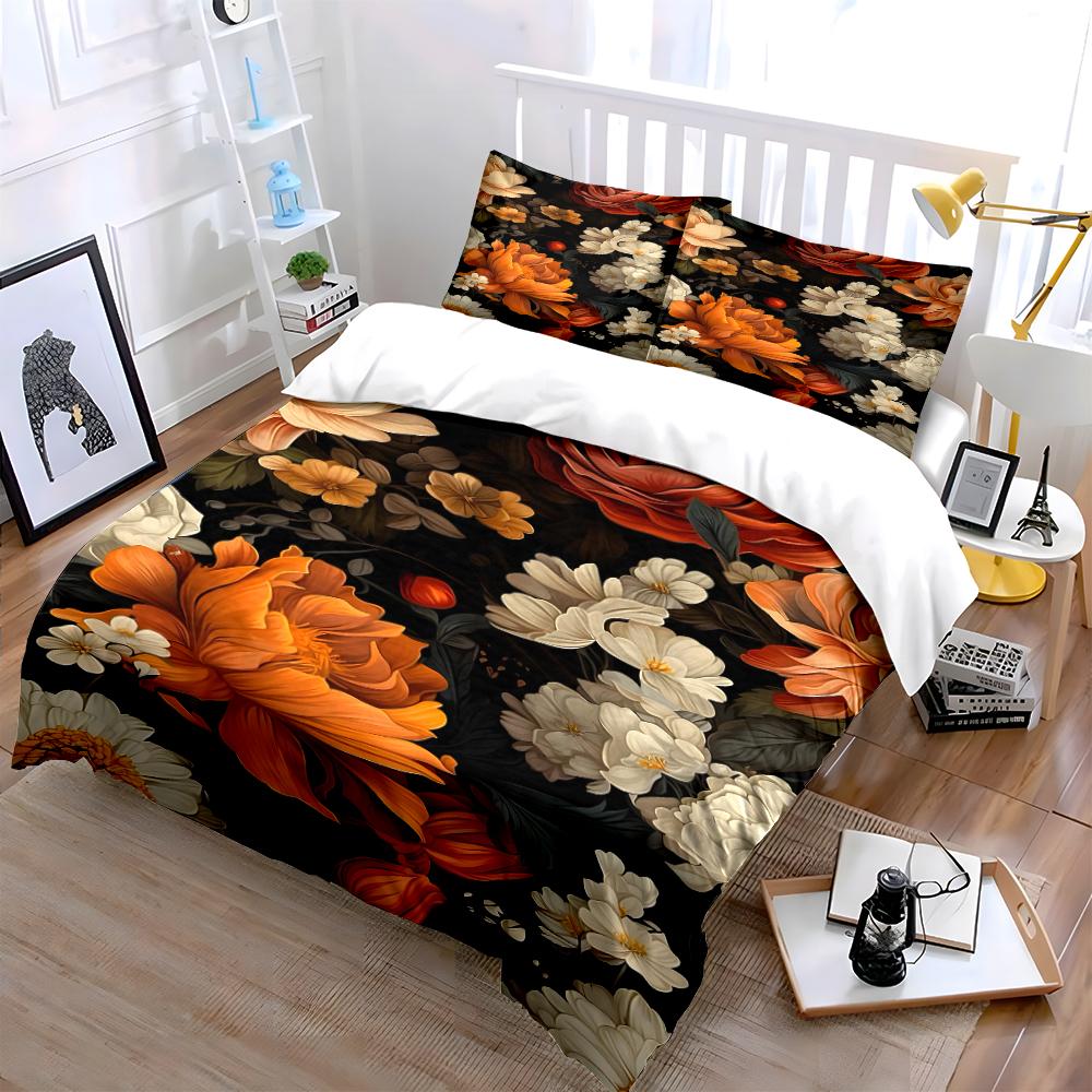 Floral Pattern Bedding Set, Black & Orange Bedding set (1 duvet cover, 2 pillowcases, duvet not included)