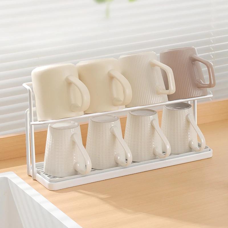 Кухонный простой двухслойный держатель для стаканов с подносом, многофункциональный настольный термос, стаканы, многослойная металлическая стойка для хранения