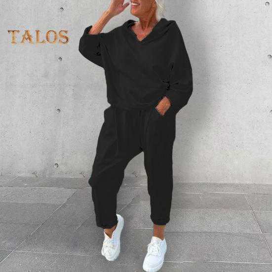 2 шт./комплект женский весна осень топ брюки комплект с капюшоном однотонный длинный рукав толстовка с капюшоном эластичный пояс шаровары спортивный наряд повседневный спортивный костюм