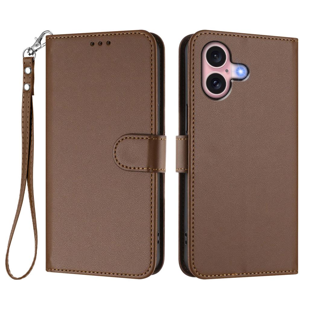For iPhone 16 Leather Case Wallet Stand Phone Cover with Wrist Strap