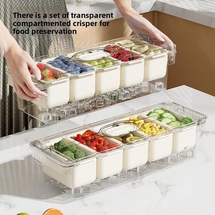 Ice Chilled Condiment Caddy with 5 Containers, Fruit Plate Server with Lids, Serving Tray Platter with Removable Dishes