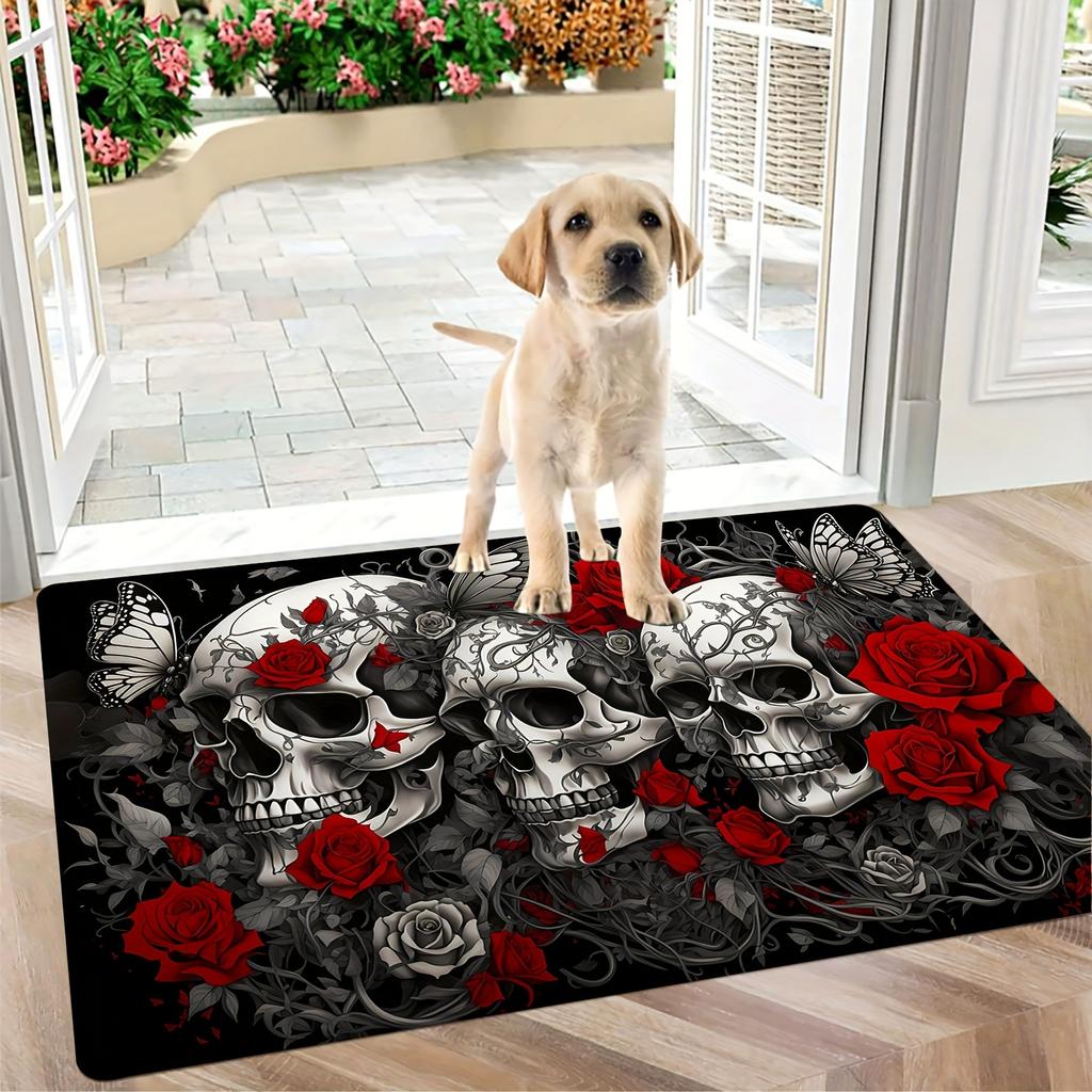 1pc Thickened Halloween Skull Rose Butterfly Rug, Non-slip Carpet for Outdoor Kitchen Bedroom Bathroom, Home Room Decoration