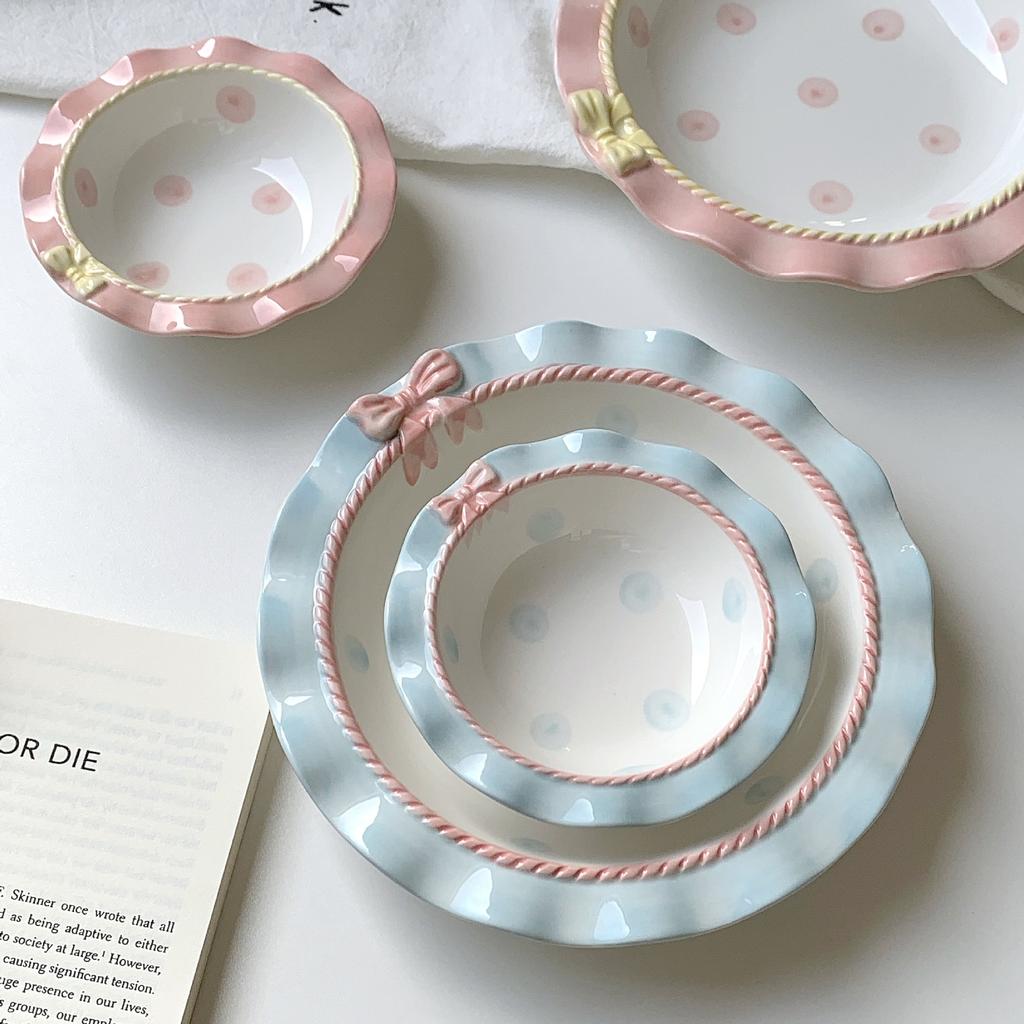 INS Style Korean Style Girl Heart Pink Ceramic Tableware Set Polka Dot Bow Cute Small Bowl Rice Bowl Deep Plates Cute Plates