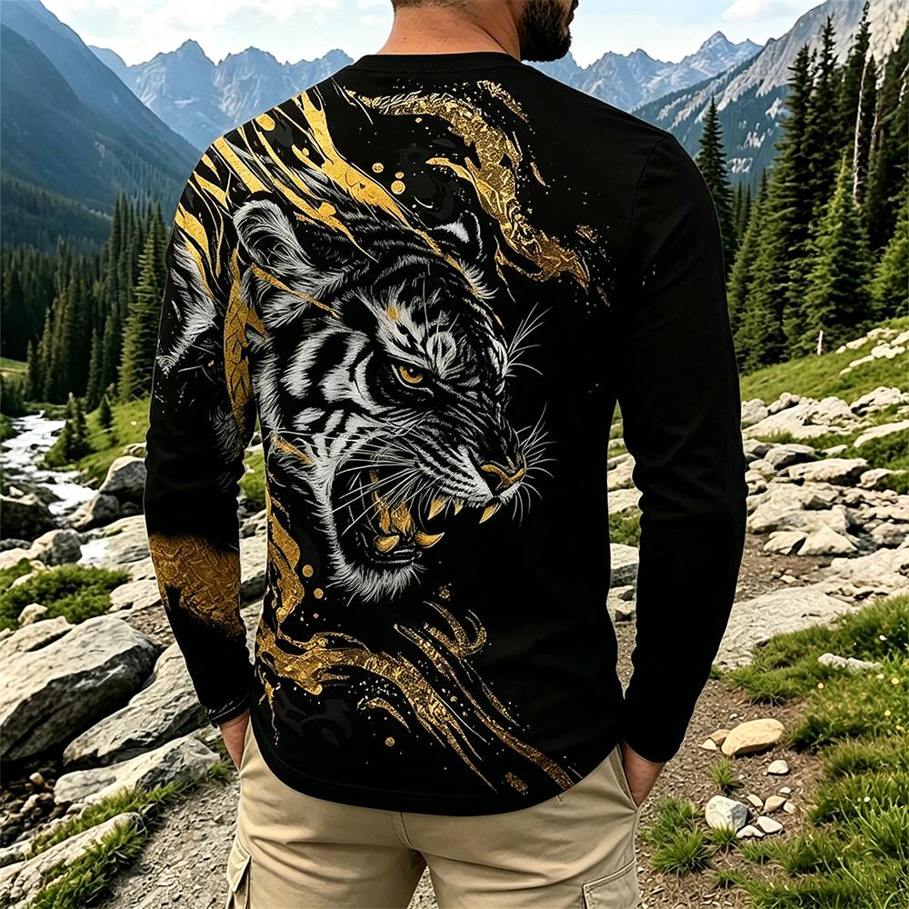 Золотая Свирепая Тигрица 3D Печать Футболка с Длинным Рукавом Streetwear Круглый Вырез Повседневная Базовая Футболка Мужская Хип-Хоп Мода Футболка с Графикой Животного