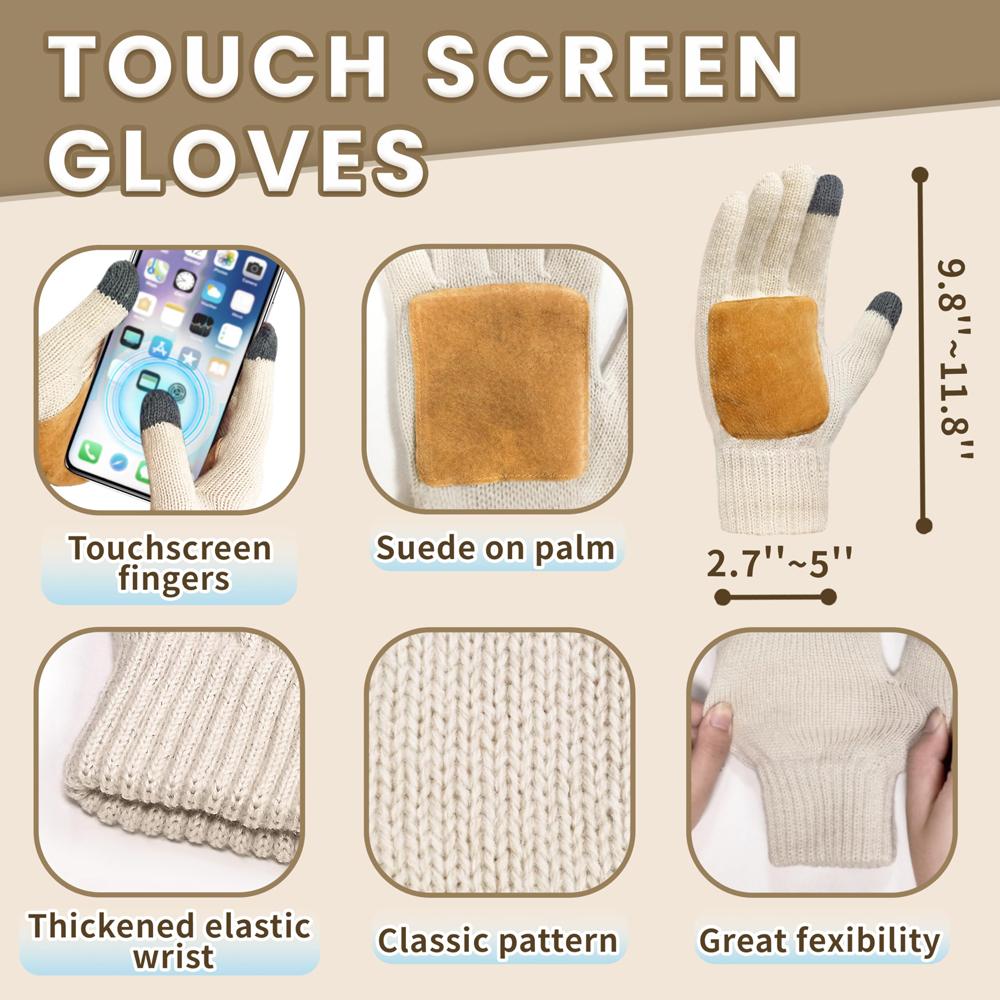 Winter Hat Scarf Glove Set for Women, Fleece Lined Thermal Women Beanie with Pom, Long Knit Scarf, Touchscreen Non-Slip Gloves