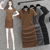Ice Silk Waist Cinching and Hip Skirt Women's Knitted Short Sleeves Mini Dress Party Knitted Dresses