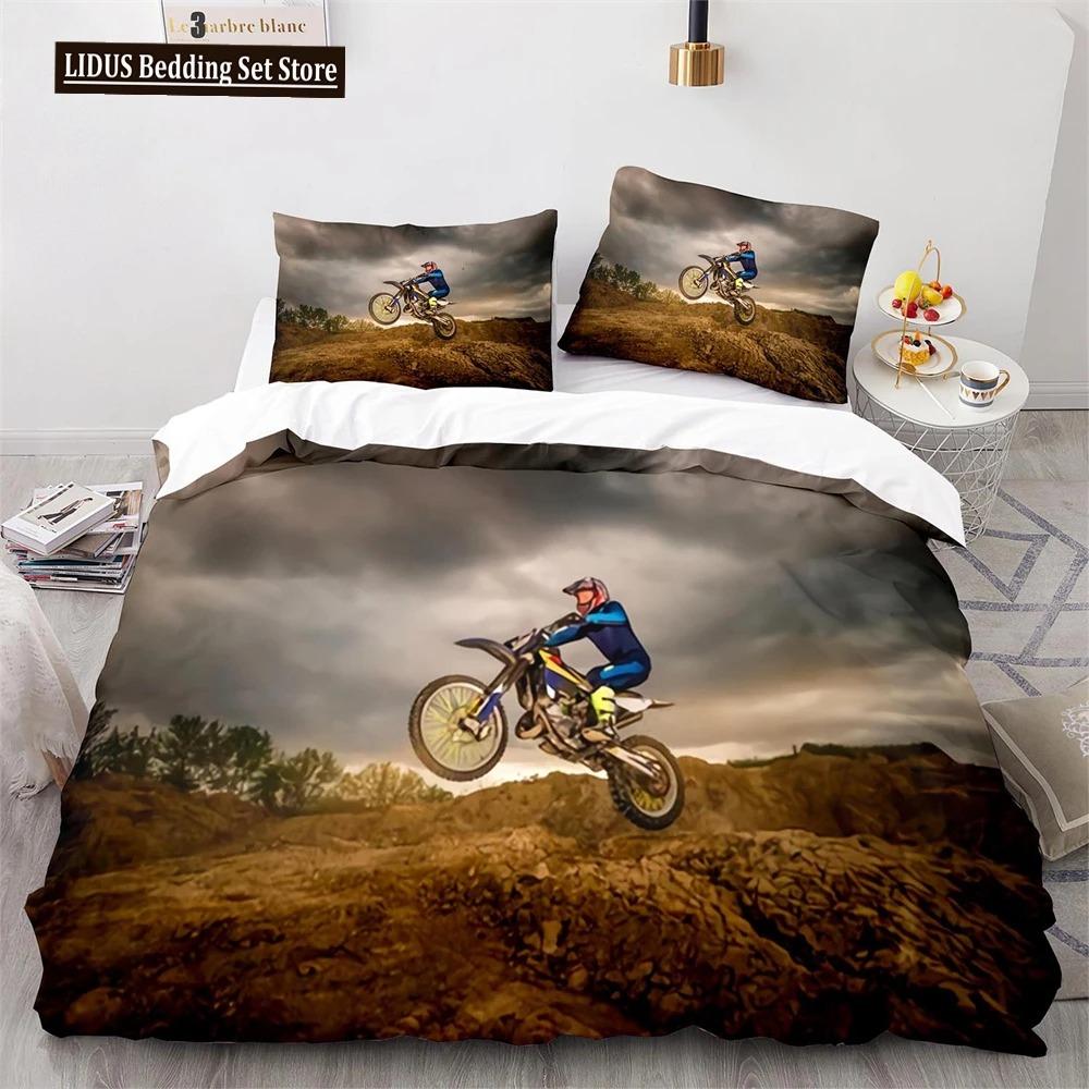 Dirt Bike Duvet Cover Set Motocross Rider Comforter Cover Motorcycle Extreme Sport Game Polyester Bedding Set For Kid Boys Teens