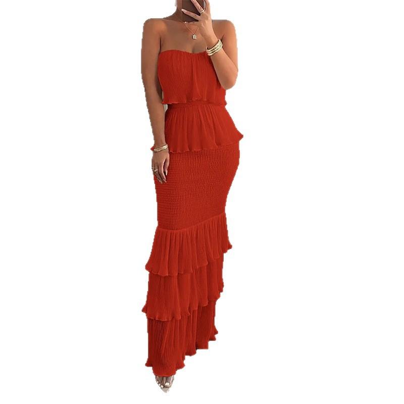 Women S Strapless Ruffled Solid Color Fitted Maxi Dress