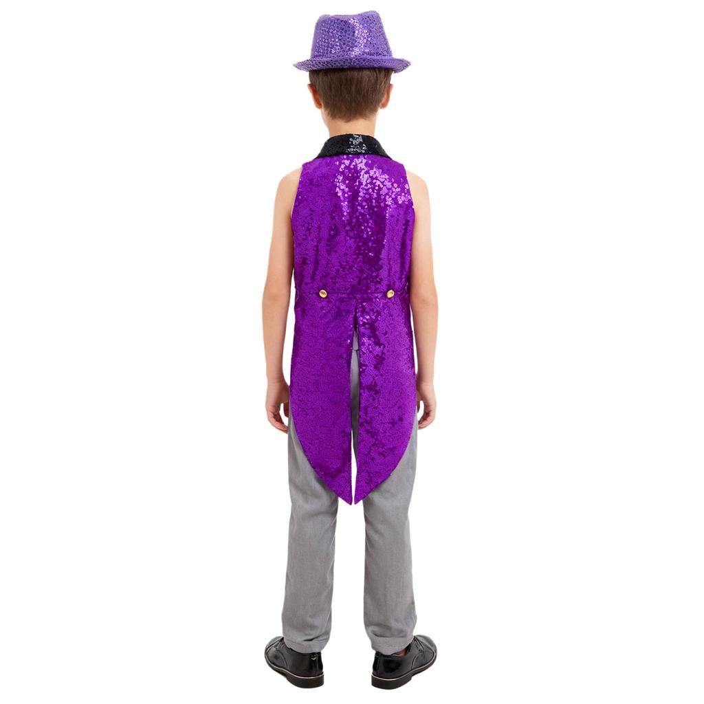 Kids Sequins Medieval Vest Victorian Tailcoat Lapel V Neck Front Zip Vest Solid Sequins Fedora Hat Circus Outfit