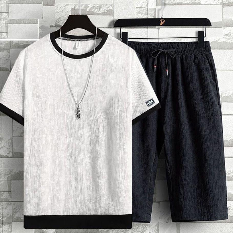 Men's Summer Ice Silk Two-Piece Set: Short-Sleeve Shirt and Cropped Pants, Loose Fit, Casual Sports Style, Large Size Available.