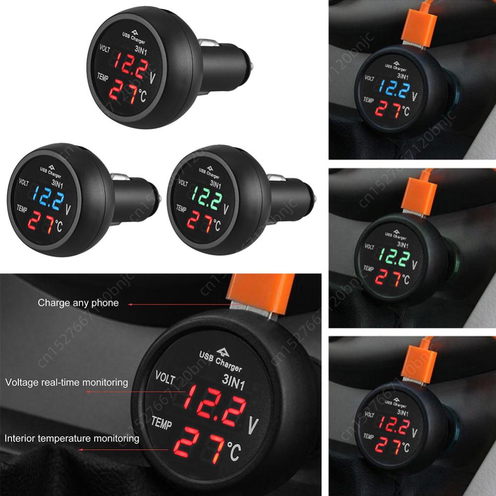 3 in 1 12/24V Car Volt Meter Auto LED Digital Voltmeter Gauge+Thermometer+USB Charger Current Meter Volt Detector Thermometer
