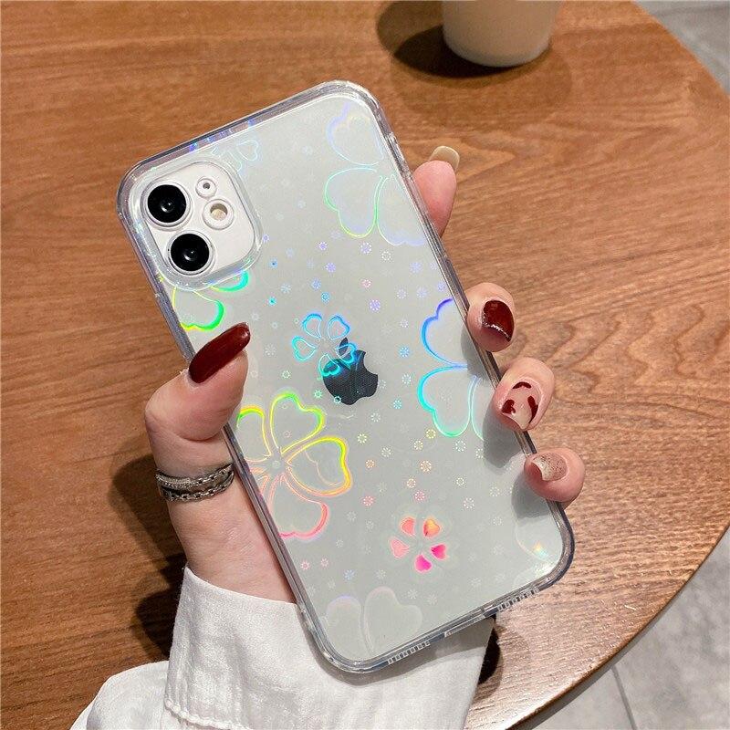 Fashion Gradient Laser Love Heart Leaf Pattern Case For iPhone 13 11 12 14 15 Pro Max X XS XR 7 8 Plus SE 2020 Clear Cover With Hearts