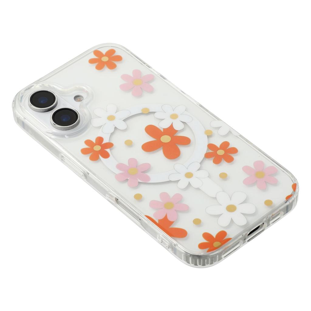 For iPhone 16 Magnetic Case IMD Flower Pattern TPU+PC Clear Back Phone Cover