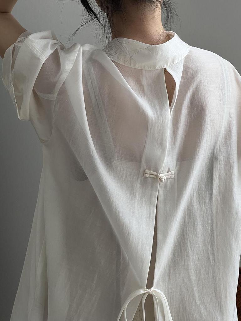 Women's Summer Loose Fit Tencel Shirt with Frog Buttons and Tie-Back, Turn-Down Collar, Sun Protection