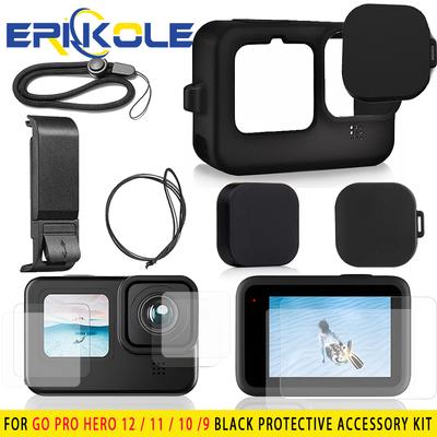 Силиконовый чехол для Gopro Hero 13 12 11 Крышка аккумулятора Закаленное стекло Защитные пленки для экрана Крышка объектива для Go pro 12 13 Комплект аксессуаров