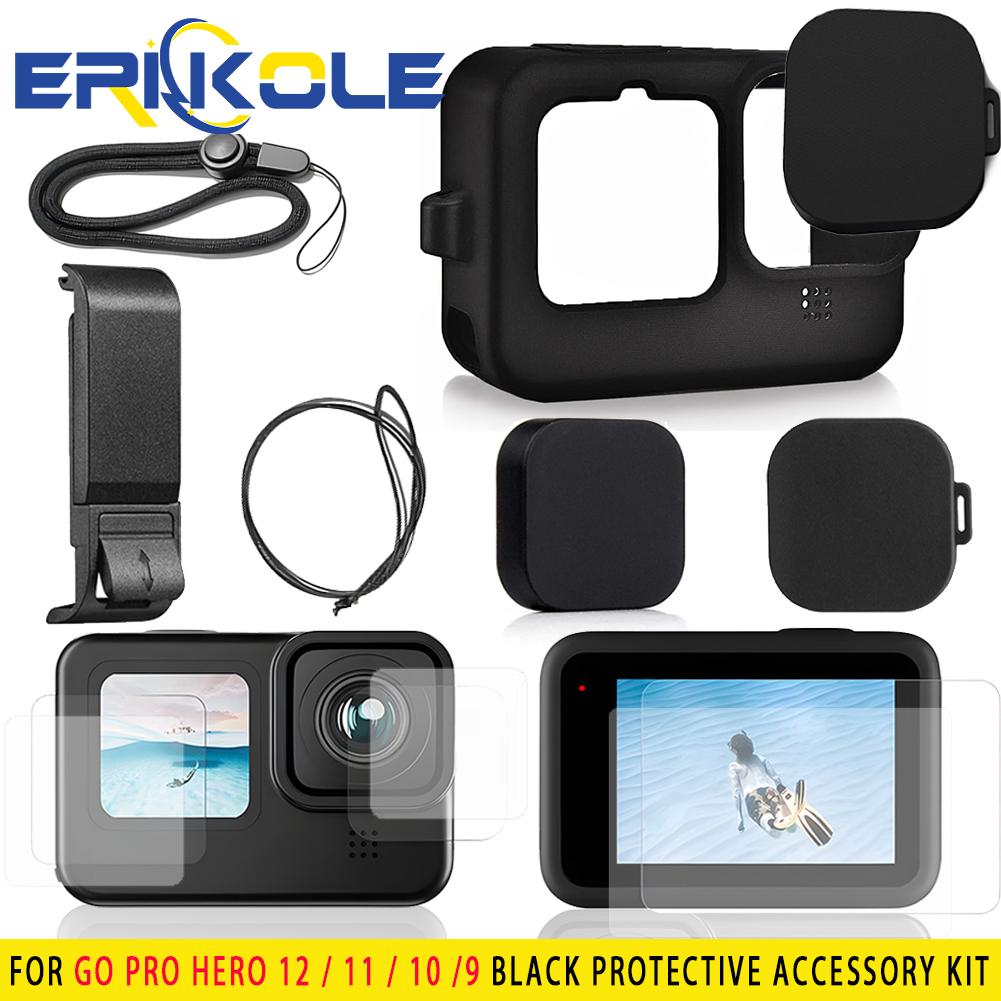 Силиконовый чехол для Gopro Hero 13 12 11 Крышка аккумулятора Закаленное стекло Защитные пленки для экрана Крышка объектива для Go pro 12 13 Комплект аксессуаров